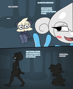 anthro apology black_body blue_body dialogue dismissed duo ellipsis forest male nipples pan_(token_taker) peace_symbol plant sad silhouette sitting smile tail tree walking_away token_taker nintendo pokemon cham_(token_taker) generation_3_pokemon generation_6_pokemon meditite pancham pokemon_(species) comic digital_media_(artwork) hi_res