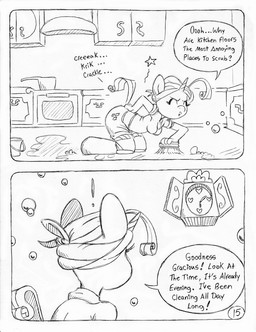 anthro appliance back_breaking back_pain brush bubble bucket cabinet cleaning cleaning_brush cleaning_tool clock clothed clothed_anthro clothed_female clothing container cutie_mark dialogue exclamation_point female floor fully_clothed fully_clothed_anthro fully_clothed_female horn kitchen kitchen_appliance kitchen_utensils oven overhead_lighting pain pots solo speech_bubble stove text tools unicorn_horn wall_clock circe_(artist) friendship_is_magic hasbro my_little_pony mythology rarity_(mlp) equid equine mammal mythological_creature mythological_equine unicorn comic english_text monochrome