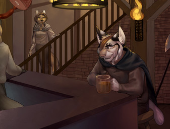 5_fingers alcohol anthro axe battle_axe beer beverage biped container cup eye_patch eyewear female fingers fire fur group hair holding_container holding_cup holding_mug holding_object humanoid_hands inside long_hair male melee_weapon mug public stairs tavern torch weapon whiskers jailbird katja_(baldrek) redisius_(baldrek) canid canine canis felid feline lynx mammal wolf digital_media_(artwork)