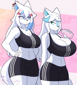 anthro big_breasts black_bottomwear black_clothing black_topwear blue_eyes bottle bottomwear breast_envy breasts cleavage cleavage_overflow clothed clothing container cross-popping_vein duo eyelashes female female_anthro fur green_eyes hair hand_on_hip holding_bottle holding_container holding_object huge_breasts long_hair navel pattern_background pink_background simple_background smile thick_thighs topwear white_background white_body white_fur white_hair wide_hips poisonmirror sports_bra_difference_meme canid canine fox mammal voidfox hi_res meme