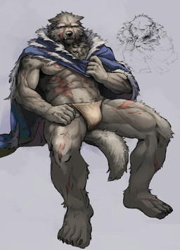 5_toes anthro barazoku claws eyebrows fangs feet fur looking_at_viewer male muscular muscular_anthro muscular_male purple_eyes scar simple_background solo tail teeth toe_claws toes beau_555 elden_ring fromsoftware blaidd_(elden_ring) canid canine canis mammal wolf colored hi_res sketch