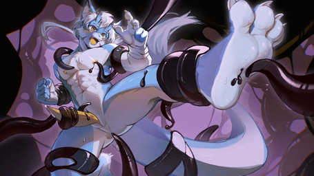 2_horns abs action_pose anthro athletic bandage bandaged_arm black_tentacles blush bodily_fluids embarrassed erection genitals hair horn kemono male nervous nude open_mouth penis pose solo sweat tapering_penis tentacle_around_arm tentacle_around_leg tentacle_around_tail tentacles three-quarter_view white_hair qingbai mythology zhifeng dragon mythological_creature mythological_scalie scalie 16:9 widescreen