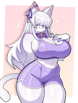 anthro athletic_wear bangs big_breasts bottomwear bow_ribbon bra breasts clothed clothed_female clothing female front_view fur gym_bottomwear gym_shorts hair hair_over_eyes inner_ear_fluff midriff pink_cheeks shorts solo sports_bra standing tail thick_thighs tuft underwear whiskers white_body white_fur white_hair wide_hips budoti domestic_cat felid feline felis mammal absurd_res hi_res