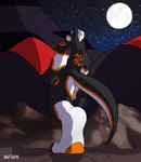 anthro duo extreme_size_difference macro_on_macro male male/male moon mountain muscular muscular_male night paws size_difference sky star tail battaph mythology canid canine canis dragon mammal mythological_creature mythological_scalie scalie wolf hi_res