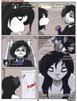 anthro black_body black_fur clothing dialogue duo female fur grey_body grey_fur pink_body pink_nose text white_body white_fur allartskye evelyne_(allartskye) kia_(allartskye) american_opossum domestic_cat felid feline felis mammal marsupial comic english_text hi_res url