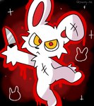 2021 2spot_studio anthro bloody_bunny bloody_bunny_(series) female hi_res holding_object jennylee knife lagomorph leporid looking_at_viewer mammal mauzymice pupils rabbit red_background simple_background solo star stitch_(sewing) tagme tufted_fur white_body yellow_pupils
