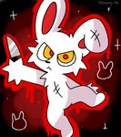 anthro female holding_object knife looking_at_viewer pupils red_background simple_background solo star stitch_(sewing) tufted_fur white_body yellow_pupils jennylee mauzymice 2spot_studio bloody_bunny_(series) bloody_bunny lagomorph leporid mammal rabbit 2021 hi_res