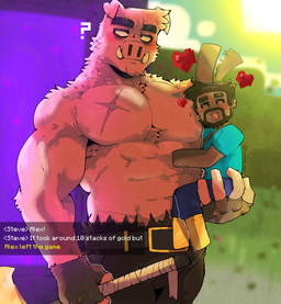 abs anthro bottomwear clothing duo fangs fur male male/male muscular muscular_anthro muscular_male pants pecs teeth text makota_toh miauarf microsoft minecraft mojang xbox_game_studios steve_(minecraft) human mammal piglin suine absurd_res english_text hi_res