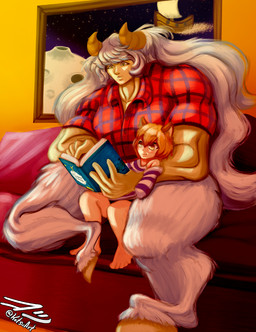 book clothing duo flannel_shirt floppy_ears folded_ears fur hair horn muscular orange_hair pattern_clothing pattern_shirt pattern_topwear reading red_clothing red_shirt red_topwear shirt striped_clothing striped_shirt striped_topwear stripes topwear white_body white_fur white_hair yellow_eyes young idlepotoo domestic_cat felid feline felis humanoid mammal satyr 2020 character_request digital_media_(artwork) hi_res signature