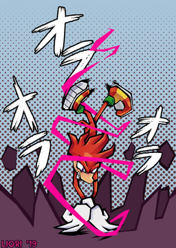 anthro clothing footwear gloves handwear male open_mouth purple_eyes red_clothing red_footwear red_shoes shoes solo sound_effects teeth_showing text year yellow_clothing yellow_footwear yellow_shoes redo_(artist) sega sonic_the_hedgehog_(series) knuckles_the_echidna echidna mammal monotreme 2019 hi_res japanese_text