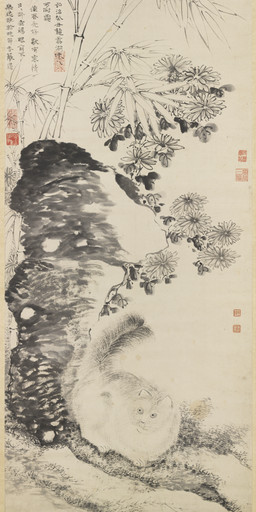 ambiguous_feral ambiguous_gender bamboo bamboo_tree chrysanthemum detailed_background feral flower fur grass high-angle_view leaf looking_aside lying nature_background on_front outside plant poetry quadruped raised_tail rock solo tail text three-quarter_view tree whiskers tao_cheng domestic_cat felid feline felis mammal 1493 15th_century absurd_res ancient_art chinese_text hi_res painting_(artwork) traditional_media_(artwork) traditional_painting_(artwork) translated