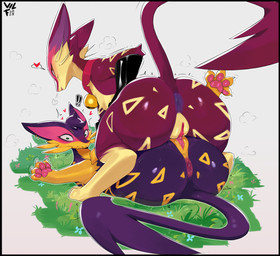 anus bell bell_collar big_butt blush butt clitoris collar duo female female/female feral feral_on_feral fur genitals grass humanoid_genitalia humanoid_vulva intraspecies looking_at_viewer looking_back looking_back_at_viewer lying on_back on_grass on_ground plant plump_labia purple_body purple_fur red_body red_fur sex tail tribadism vaginal vulva wide_eyed vilf nintendo pokemon kaden_(mudasnake) red_felyne generation_5_pokemon liepard pokemon_(species) shiny_pokemon 2025 absurd_res digital_media_(artwork) hi_res