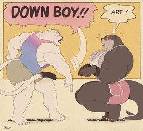 4_toes 5_fingers anthro arf armband barazoku barefoot biceps big_muscles big_pecs biped black_body black_fur black_nose blue_clothing blue_shirt blue_tank_top blue_topwear blush bodily_fluids bottomwear brown_body brown_fur claws clothed clothed_anthro clothed_male clothing command countershade_face countershade_fur countershade_neck countershade_torso countershading crouching deltoids dialogue dipstick_tail duo eye_contact eyebrows feet finger_claws fingers flying_sweatdrops fur gesture hand_gesture huge_muscles huge_pecs humanoid_feet humanoid_hands looking_at_another male male_anthro markings motion_lines multicolored_body multicolored_clothing multicolored_fur multicolored_shirt multicolored_tank_top multicolored_topwear muscular muscular_anthro muscular_male open_mouth pecs pink_bottomwear pink_clothing pink_nose pink_shirt pink_shorts pink_tank_top pink_topwear plantigrade pointing pointing_down shirt shorts side_view simple_background speech_bubble standing sweat sweatdrop tail tail_markings tan_body tan_bottomwear tan_clothing tan_countershading tan_fur tan_shorts tank_top teeth text toe_claws toes topwear trapezius triceps two_tone_body two_tone_clothing two_tone_fur two_tone_shirt two_tone_tank_top two_tone_topwear whiskers white_body white_claws white_clothing white_finger_claws white_fur white_shirt white_tank_top white_toe_claws white_topwear yellow_background theor down_boy_(meme) echo_(series) echo_project the_smoke_room samuel_ayers todd_bronson cougar felid feline mammal mustelid otter digital_media_(artwork) english_text flat_colors hi_res signature