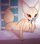 anthro blush breasts cellphone electronics female furniture navel nude office on_table phone pose post-it_note simple_background solo table pocki07 aggretsuko sanrio fenneko canid canine fennec_fox fox mammal true_fox 2018 digital_media_(artwork) hi_res pinup