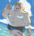 anthro belly big_belly blush bulge clothing cloud eyes_closed kemono male navel open_mouth outside overweight overweight_male solo swimwear water white_body ptcmtr lifewonders tokyo_afterschool_summoners licho_(tas) felid mammal pantherine tiger 2025 hi_res