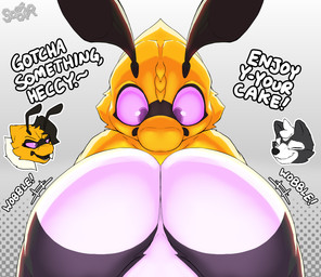 antennae_(anatomy) anthro big_butt black_body black_fur butt dialogue eyes_closed female floating_head fur group huge_butt looking_at_butt male male/female mandibles multicolored_body multicolored_fur neck_tuft presenting presenting_hindquarters purple_eyes purple_sclera stuttering text trio tuft white_body white_fur yellow_body yellow_fur soomir gene_(soomir) heather_(soomir) hectar_(soomir) arthropod bee hymenopteran insect mammal mephitid queen_bee skunk 2026 english_text hi_res