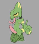 anthro chameleon_tail clothing collar fishnet_clothing fishnet_legwear genitals gesture green_body grey_background half-closed_eyes hand_gesture legwear long_tongue male middle_finger narrowed_eyes navel nipples penis simple_background simple_penis slit_penis solo tongue jbun07 chameleon lizard reptile scalie