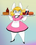 abstract_background anthro apron bendy_straw bent_legs beverage blonde_hair blue_eyes buckteeth burger clothing container cup curled_hair dress drinking_glass drinking_straw eyelashes fast_food fast_food_(food) female food footwear fries fur glass glass_container glass_cup hair high_heels holding_object juice_(beverage) legwear long_ears orange_juice pancake pumps serving serving_beverage serving_food serving_tray shoes smile solo standing straight_legs teeth thigh_highs waiter waitress_uniform white_body white_fur wide_hips crovirus angela_goldhart lagomorph leporid mammal rabbit 4:5 absurd_res hi_res