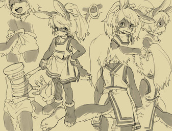 anklet anthro belt bracelet choker clothed clothing dress female fur hair hammer jewelry kemono long_hair looking_at_viewer necklace one-piece_dress open_mouth panties ponytail ribbons solo teeth tools underwear kikurage hare lagomorph leporid mammal black_and_white monochrome sketch