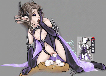 bodily_fluids braided_hair brown_hair clothing egg female hair non_oviparous_oviposition not_furry oviposition pale_skin purple_eyes solo vaginal_oviposition zeryxis elf humanoid