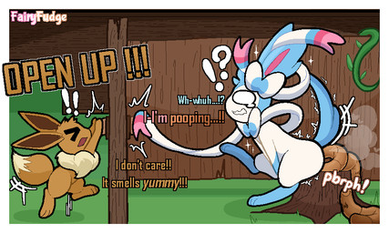 ambiguous_gender bathroom covering covering_crotch dialogue door door_handle doorknob duo emanata embarrassed exclamation_point feces feral knocking_on_door pooping pooping_in_toilet quadruped question_mark ribbons_(anatomy) sound_effects tears_of_desperation toilet_use tree_stump tremble_spikes vowelless vowelless_sound_effect wide_eyed fairyfudge nintendo pokemon eevee eeveelution generation_1_pokemon generation_6_pokemon pokemon_(species) shiny_pokemon sylveon 5:3 digital_media_(artwork) signature
