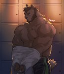 anthro blue_eyes bodily_fluids brown_hair clothing facial_hair hair male muscular muscular_anthro muscular_male short_hair solo_focus sweat undressing ciloh bear mammal 2024 colored signature