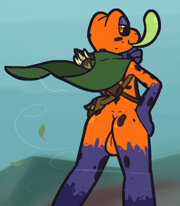 anthro arrow_(weapon) backsack balls big_balls black_body black_sclera black_skin black_spots brown_pupils butt cape clothing genitals green_cape green_clothing half-closed_eyes hand_on_hip long_tongue looking_at_viewer looking_back male markings mostly_nude narrowed_eyes orange_balls orange_body orange_skin pupils purple_body purple_skin quiver_(object) ranged_weapon smile smirk solo spots spotted_body spotted_skin tongue tongue_out weapon wind yellow_eyes ultilix oak_daniel amphibian frog 2025