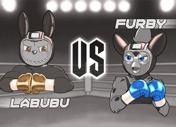anthro ballboxing boxing boxing_gloves clothing duo female fighting_ring handwear headgear leather leather_clothing leather_headgear male male/female sport text dcheese furby furby_(species) labubu 2025 digital_media_(artwork) english_text hi_res gynomorph_(lore)