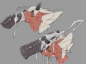 anthro biped black_nose bodily_fluids cum cum_in_mouth cum_inside directional_arrow duo erection genital_fluids genitals grey_background hair male oral oral_penetration penetration penile penile_penetration penis pull_out red_body sex side_view simple_background sweat white_hair roy_arashi chuki hi_res