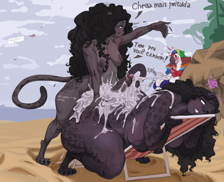 anthro areola beach being_watched big_butt bikini bikini_top biped black_hair blotchy_areola blush blushing_profusely bodily_fluids breasts butt cellphone clothed clothed_anthro clothing cum cum_on_butt detailed_background dialogue electronics eyelashes female genital_fluids genitals glistening_eyelids grey_areola grey_body grey_nipples group gynomorph gynomorph/female hair huge_butt intersex intersex/female larger_female long_eyelashes looking_at_another markings nipples nude nude_anthro nude_female nude_gynomorph outside penis phone pupils recording_video size_difference smaller_gynomorph smaller_intersex smartphone spots spotted_body swimwear tail text thick_thighs trio two-piece_swimsuit dreamy_pride carmen_(noeticred) priscilla_(dreamy_pride) rosa_(noeticred) ara_(genus) avian bird felid jaguar macaw mammal neotropical_parrot pantherine parrot scarlet_macaw true_parrot 2026 absurd_res hi_res translation_check translation_request
