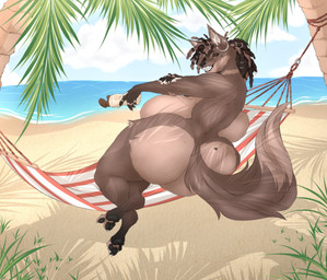 accessory anthro bedroom_eyes big_breasts big_butt black_hair black_pawpads breasts brown_body brown_fur brown_hair butt curvy_figure dreadlocks ear_piercing ear_ring female fur hair hair_accessory hair_ring half-closed_eyes hammock huge_breasts huge_butt multicolored_body multicolored_fur multicolored_hair narrowed_eyes outdoor_nudity pawpads paws piercing ring_piercing seductive side_boob smile smirk smug smug_face smug_grin solo tan_body tan_fur thick_thighs two_tone_body two_tone_fur two_tone_hair voluptuous wide_hips dullvivid canid canine fox mammal absurd_res hi_res