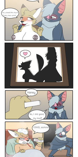 anthro blush breasts clothing doggystyle duo female fever from_behind_position genitals glass heart_symbol ill male male/female nude penis scientific_instrument sex thermometer pencil_bolt covid-19_pandemic bat canid canine fox mammal tibetan_sand_fox true_fox absurd_res comic hi_res