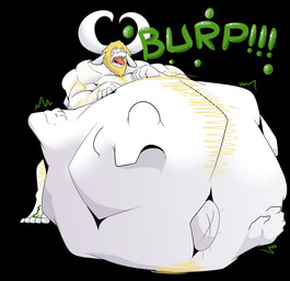 abdominal_bulge anthro arm_hair beard belly belly_hair big_belly blonde_hair body_hair burping chest_hair facial_hair fur hair horn huge_belly hyper hyper_belly male male_pred mature_male multiple_prey muscular muscular_arms muscular_male navel open_mouth oral_vore outie_navel pecs same_size_vore struggling struggling_prey tongue tongue_out vore white_body white_fur chaos_flufficus undertale_(series) asgore_dreemurr bovid caprine goat mammal hi_res
