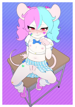 anthro areola biped blue_clothing blue_hair blush bottomwear buckteeth butt butt_from_the_front clothed clothing eyelashes female flat_chested footwear genitals hair loli multicolored_hair navel nipples no_underwear pink_hair pupils red_eyes shoes sitting skirt smile tail teeth thick_thighs upskirt vulva young young_anthro young_female gi0 mammal mouse murid murine rodent absurd_res hi_res