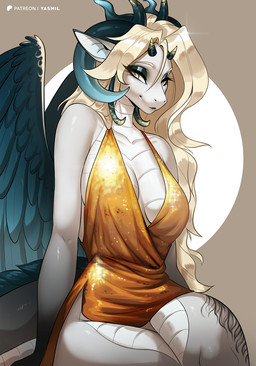 anthro big_breasts biped blonde_hair breasts clothed clothing crossed_legs eyelashes feathered_wings feathers female glistening glistening_body grey_body hair non-mammal_breasts pupils scales smile solo tail thick_thighs ventral_scales wide_hips wings yasmil mythology dragon mythological_creature mythological_scalie scalie hi_res