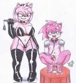 accessory anthro armwear big_breasts blush bodily_fluids boots bra breasts choker clothing collar dildo dominatrix duo elbow_gloves eyelashes female female/female footwear genital_fluids genitals gloves green_eyes grin hair_accessory hairband handwear high_heeled_boots high_heels jewelry leash legwear necklace open_mouth pink_body selfcest sex_toy shoes smile spiked_collar spikes square_crossover squatting_pose thigh_boots thigh_highs thong tongue tongue_out underwear vaginal_fluids vulva whip gothlord8 classic_sonic_(universe) sega sonic_the_hedgehog_(series) amy_rose classic_amy_rose eulipotyphlan hedgehog mammal hi_res traditional_media_(artwork)