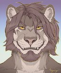 beard facial_hair looking_at_viewer male simple_background smile solo teeth whiskers yellow_eyes rogueliger felid lion mammal pantherine 2022 bust_portrait digital_media_(artwork) portrait