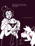 alternate_universe anthro blush boss chastity_cage chastity_device clothed clothing crossdressing duo embarrassed female femboy key larger_male maid_uniform male male/female panties size_difference smaller_female text underwear uniform dracozhilla underswap undertale undertale_(series) asriel_dreemurr muffet muffet_(underswap) arachnid arthropod boss_monster_(undertale) spider comic hi_res