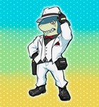 anthro blue_body blue_skin clothing fin fingerless_gloves formal_wear gloves gradient_background handwear male scar simple_background smile solo standing suit topwear white_clothing white_suit white_topwear dynogreeno level-5 yo-kai_watch indiana_jaws_(yo-kai_watch) fish marine shark hi_res