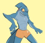 anthro bodily_fluids clothed clothing male simple_background solo standing sweat sweatdrop underwear underwear_only yellow_background greatgonzales dungeons_of_aether rivals_of_aether slade_(dungeons_of_aether) fish marine shark 2023 digital_media_(artwork) hi_res