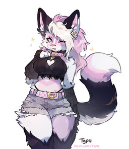 anthro armwear bangs bare_shoulders belt big_breasts black_body black_fur bottomwear breasts clothing collar crop_top ear_piercing eyelashes facial_piercing female fluffy fluffy_tail fur hair heart_(marking) hotpants inner_ear_fluff lip_piercing long_hair looking_at_viewer markings minishorts multicolored_hair nose_piercing nose_ring one_eye_closed open_mouth piercing pink_body pink_collar pink_eyes pink_fur pink_hair pink_nose ring_piercing shirt shorts simple_background solo tail thick_thighs thong_straps topwear tuft two_tone_hair white_background white_body white_fur typh canid canine fox mammal 2025 colored colored_sketch digital_drawing_(artwork) digital_media_(artwork) shaded sketch