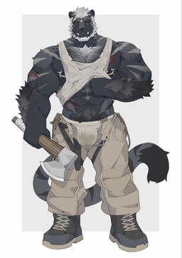 abdominal_scar abs anthro arm_scar arm_tuft axe biceps black_body black_fur black_hair black_sclera boots bottomwear bulge chest_scar chest_tuft clothed clothing clothing_lift crotch_harness dirty dirty_clothing dirty_underwear ear_piercing ear_stud eye_scar facial_scar footwear fur gradient_hair gradient_stripes grey_boots grey_clothing grey_footwear grey_hair hair heterochromia holding_axe holding_object jockstrap looking_at_viewer male multicolored_eyes muscular muscular_anthro muscular_male nipple_piercing nipple_ring nipples open_bottomwear open_clothing open_pants pants pecs piercing pubes pupils purple_eyes red_pupils ring_piercing scar shirt shirt_lift shoes simple_background solo striped_body striped_fur stripes tail tan_bottomwear tan_clothing tan_pants teeth topwear tuft two_tone_eyes underwear unzipped white_background white_clothing white_eyes white_hair white_jockstrap white_underwear zipper luocky1 argent_(xiongyue79) felid mammal pantherine 2026 hi_res