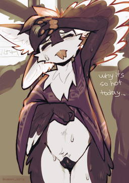 3_fingers 4_ears andromorph animal_genitalia animal_vulva anthro armpit_musk asian_clothing big_vulva biped black_body black_claws black_feathers black_finger_claws black_fur black_vulva blep blurred_background bodily_fluids bottomless bottomless_anthro canine_genitalia canine_vulva casual_exposure chest_tuft claws clothed clothed_anthro clothing clothing_lift commercial_vehicle countershading covering covering_self crowd day dialogue dress dress_lift east_asian_clothing ellipsis exposed eyes_closed faceless_character facial_tuft feathered_wings feathers feet finger_claws fingers flashing flat_chested fluffy forked_tongue front_view fur genitals glistening group hair hand_on_head heat_(temperature) inner_ear_fluff inside inside_train inside_vehicle intersex light metro mostly_nude multi_ear multicolored_body multicolored_feathers multicolored_fur musk offscreen_character open_mouth overheated partially_clothed partially_clothed_anthro pawpads paws plump_labia poncho public public_exposure public_transportation purple_clothing raised_arm raised_arms raised_clothing silhouette simple_background solo solo_focus standing sunlight sweat sweatdrop text toes tongue tongue_out topwear train trio tuft tufted_fur two_tone_body vehicle vulva wet white_body white_countershading white_feathers white_fur white_inner_ear winged_arms wings cherry_kotya fyr_(fenrir784) avali avian bird 2026 absurd_res artist_name colored digital_drawing_(artwork) digital_media_(artwork) english_text hi_res lighting portrait signature sketch three-quarter_portrait maleherm_(lore)