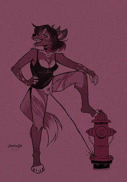 4_toes anthro barefoot biped bodily_fluids bottomless casual_urination choker claws clothed clothed_anthro clothed_female clothing collarbone dark_hair ear_piercing feet female female_peeing finger_claws fingerless_(marking) fingers fire_hydrant genital_fluids jewelry necklace open_mouth paws peeing peeing_on_fire_hydrant philtrum piercing plantigrade public public_exposure public_urination raised_leg simple_background solo text toe_claws toeless_(marking) toes tongue tongue_out urine watersports rattfood chloe_(spacecamper) african_wild_dog canid canine mammal artist_name hi_res