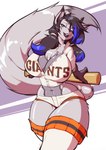 anthro baseball_bat baseball_uniform bat_(object) big_breasts biped black_hair black_lips blue_hair bottomwear breasts clothing female fluffy fluffy_tail fur grey_body grey_fur hair half-closed_eyes huge_breasts lips looking_at_viewer multicolored_hair narrowed_eyes navel purple_eyes shirt shorts simple_background smile solo sportswear tail text text_on_clothing text_on_shirt text_on_topwear topwear two_tone_hair uniform svenners mlb san_francisco_giants zenocoyote_(oc) canid canine canis coyote fox hybrid mammal 2022 absurd_res digital_media_(artwork) english_text hi_res