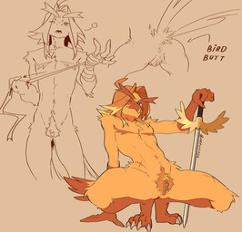 abs andromorph anthro anus athletic beak blue_eyes butt chest_tuft claws clitoral_hood clitoris crouching feathers genitals hair holding_object holding_penis intersex long_hair looking_at_viewer mastectomy_scar melee_weapon multicolored_body navel one_eye_closed open_mouth orange_body orange_hair orange_vulva penis presenting presenting_hindquarters pubes scar simple_background solo spread_legs spreading standing sword tail tail_feathers text toe_claws tuft two_tone_body vulva weapon wrappings nerunaur shining_(noirzvault) avian 2026 colored english_text flat_colors hi_res signature
