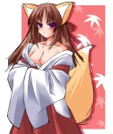 animal_humanoid asian_clothing bare_shoulders bottomwear breasts brown_hair canid canid_humanoid canine canine_humanoid cleavage clothed clothing dipstick_tail east_asian_clothing female fox fox_humanoid fur hair hakama haori humanoid japanese_clothing junyou_maru mammal mammal_humanoid markings miko_outfit multicolored_tail orange_body orange_fur purple_eyes red_bottomwear red_clothing red_hakama shrine_maiden solo tail tail_markings white_body white_fur white_haori