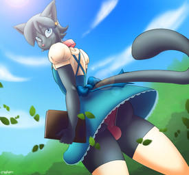 blush book bottomwear bubble_butt bulge butt butt_pose clothed clothing cloud collar crossdressing dutch_angle femboy leaf legwear low-angle_view male panties pink_clothing pink_panties pink_underwear pose school skirt sky solo thigh_highs underwear upskirt wind igglypou lith_vollerei_(orian123) domestic_cat felid feline felis mammal absurd_res hi_res