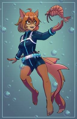5_fingers ambiguous_gender anthro breasts brown_body brown_hair bubble clothing duo feet female feral fin fingers hair smile swimwear tail vial articaartes aquatic arthropod crustacean fish shark shrimp 2025 digital_media_(artwork) hi_res