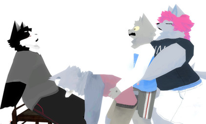 ambiguous_gender anthro black_clothing black_shirt black_topwear chair clothing female fur furniture grey_body grey_clothing grey_fur grey_shirt grey_topwear group hair male meme_pose pink_hair shirt topwear weewee37 labirhin_(modeler) bambang exoworo gix_busok oktana canid canine felid feline mammal